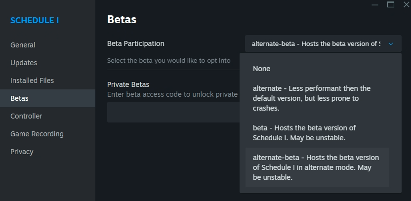 Betas dialog in Steam